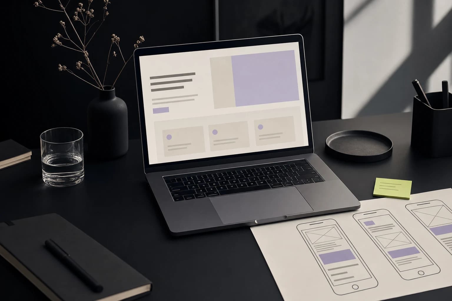 Laptop and printed layouts on a dark studio desk